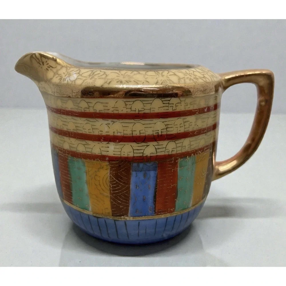 Vtg Chikaramachi Japanese Thousand Faces Gold Trim Hand Painted‎ Creamer 2 1/4